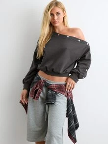 BAD SUNDAY Women's Long Sleeve Asymmetrical Shoulder Fitted Top With Metal Buckle Decor, Y2K Style, Versatile For Autumn/Winter - Dark Grey - View 6