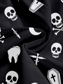 ROMWE Grunge Punk Chân váy mini xẻ tà gợi cảm cho nữ, họa tiết đầu lâu kinh dị rừng tối bí ẩn - màu đen - Xem 4