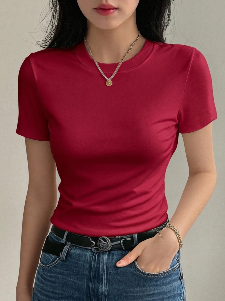 DAZY 女款純色圓領修身短袖內搭T恤 - 紅色 - 查看 1