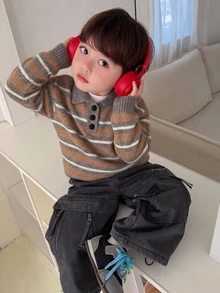 DAZY 男嬰圓領條紋長袖毛衣 秋季款 - 灰色 - 查看 7
