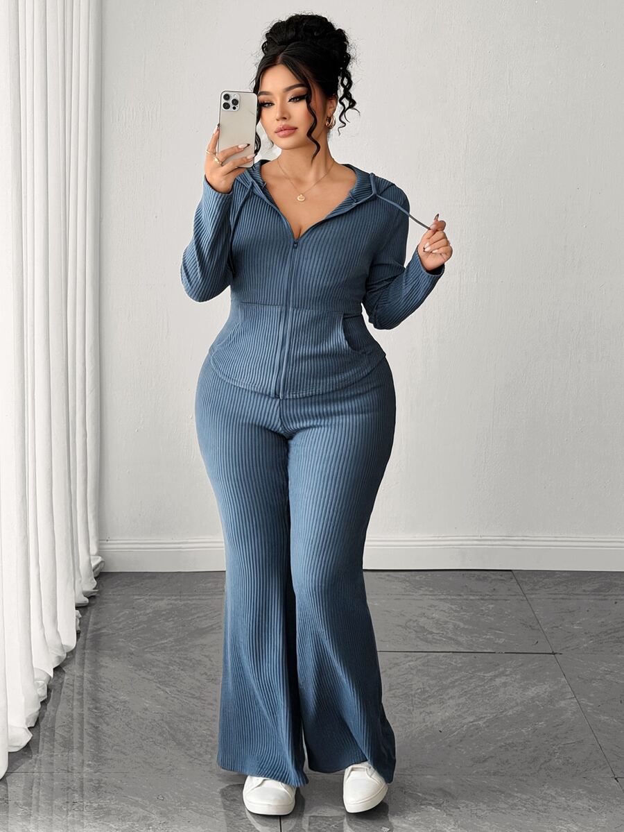 Elenzga Plus Size Women's Elastic Vertical Ribbed Knit Blue Hooded Zip-Up Top With Curved Hem And High-Waist Flared Pants, 2 Pieces Set Suitable For Birthday Party, Couple Date, Afternoon Tea, Photo Shoot, Light Evening Party - Blue - View 1