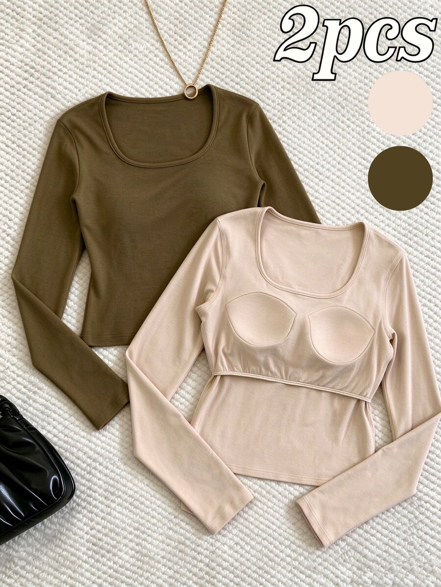 INAWLY Women's Casual U-Neck 2 Pieces Set Tops With Padded Chest, Autumn/Winter - Multicolor - View 1