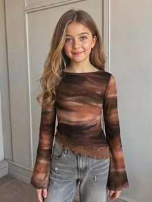 SHEIN 青少年女孩秋冬休閒法式優雅白色波點印花網紗下擺不對稱設計長袖T恤，秋季出遊穿搭 - 彩色 - 查看 3