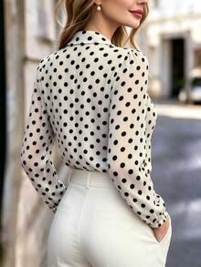 RosyDaze Women's Tie Neck Polka Dot Casual Versatile Top - Black - View 2
