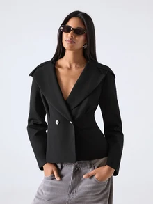 LYSMO Women's Solid Color Double-Breasted Long Sleeve Casual Blazer - Black - View 6