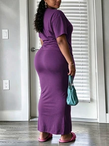 INAWLY Solva Plus Size Women's Solid Color Short Sleeve Top And Skirt Casual 2 Pieces Set - Purple - View 4