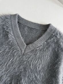 Penseblé Women's Solid Color V-Neck Casual Daily Long Sleeve Sweater - Grey - View 5