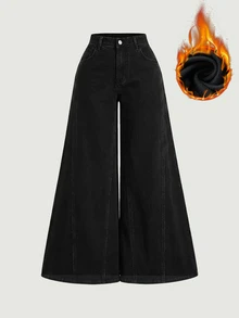 SHEIN MOD 大尺碼女款口袋寬腿鬆垮休閒百搭牛仔褲 - 黑色 - 查看 1
