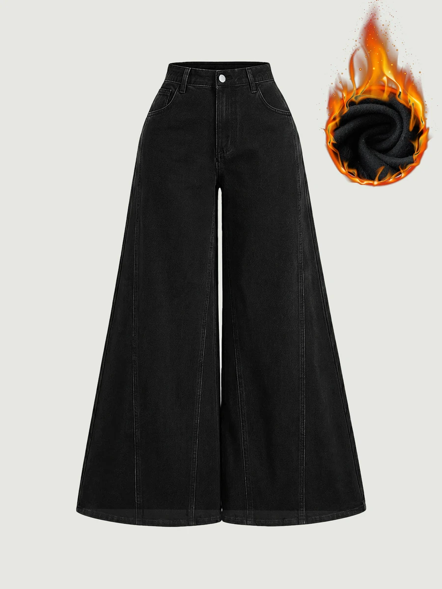 SHEIN MOD 大尺碼女款口袋寬腿鬆垮休閒百搭牛仔褲 - 黑色 - 查看 1