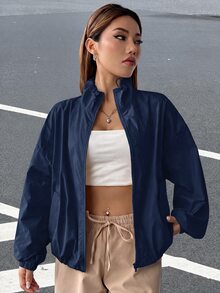 SHEIN EZwear 秋冬款落肩拉鍊夾克 - 藏蓝色 - 查看 3