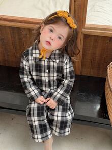 Dazy Kids 嬰兒女童格紋領長袖上衣與長褲2件套居家服 秋季 - 黑與白 - 查看 6