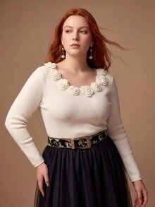 MOTF PREMIUM PLUS SIZE WOMEN'S WOOL FITTED 3D FLORAL DECOR CREW NECK PULLOVER SWEATER - Beige - View 8