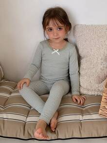 Hapijoa Young Girl Bow Decor Striped Long Sleeve Top And Pants Loungewear - Green - View 6