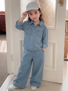 Dazy Kids (少女) 無袖深色水洗牛仔背心與寬鬆寬腿長褲套裝 - 淺色水洗藍 - 查看 5
