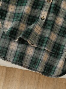SHEIN 女童復古學院風寬鬆慵懶長袖中長版襯衫秋季上衣，校園、感恩節綠色格紋 - 彩色 - 查看 4