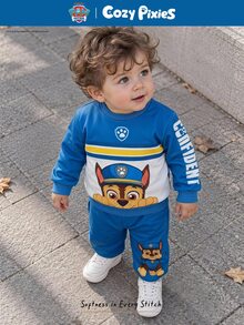 Cozy Pixies | PAW Patrol 小男孩 Paw Patrol 秋/冬款可愛動物圖案印花卡通連帽衫與運動衫套裝，長袖運動衫與運動長褲，兒童藍色舒適款 - 藍色 - 查看 8