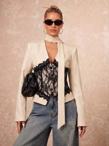 Lumalex Women's Elegant Commute Black & White Color Block Black Lace Design Blazer Jacket, Autumn Style,Teacher - Apricot - View 6