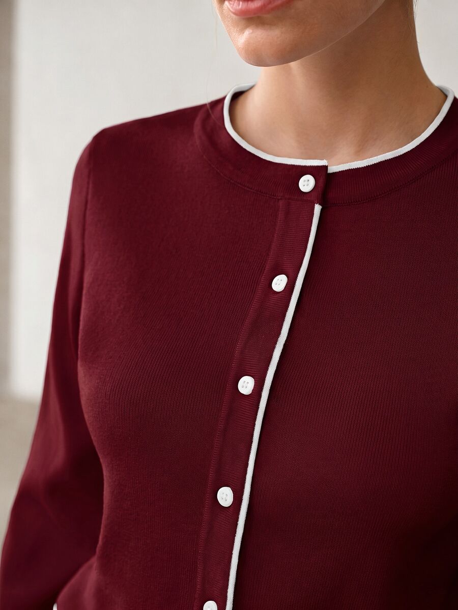 MOTF PREMIUM WOMEN'S AUTUMN/WINTER CONTRAST TRIM SINGLE-BREASTED LIGHTWEIGHT KNIT CARDIGAN - Red Violet - View 2