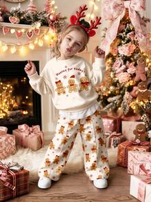Baby Girl Gingerbread Man Print Crew Neck Sweatshirt And Wide Leg Pants Set Christmas - Multicolor - View 2