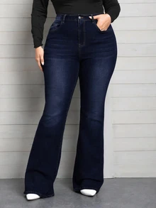 Flexra Festival Plus Size Women's Blue Stretch Sexy Tight Flare Jeans - Dark Wash - View 3
