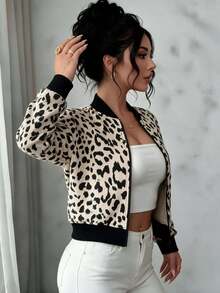 Selianne Women's Leopard Print Long Sleeve Zip-Up Baseball Collar Jacket - Black - View 5