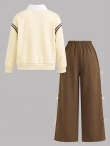 SHEIN 青少年女孩 2 件套圓領學院風可愛拼色酒紅黑 2 合 1 蝴蝶結裝飾運動衫與長褲 秋季返校校外穿搭 - 卡其色 - 查看 2