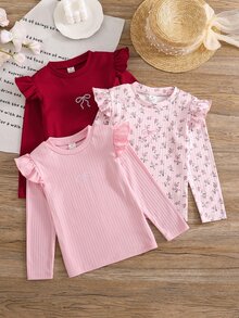 SHEIN 女童碎花淺粉色、蓮花粉、深紅色蝴蝶結印花飄逸袖三色上衣，簡約可愛甜美，適合室內外穿著，四季皆宜 - 彩色 - 查看 1