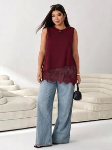 Solflare Plus Size Women's Lace Patchwork Casual Versatile Daily Date Night Formal Outing Top Black Summer - Burgundy - View 3