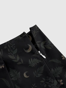 ROMWE Fairycore Rok Mini Seksi Belahan untuk Wanita dengan Motif Matahari, Bulan, Bintang, Daun, Hutan Gelap Misterius - Hitam - View 3