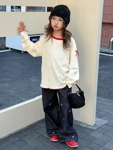 Dazy Kids Tween Girl) Colorblock Round Neck Bow Decor Long Sleeve Basic Autumn T-Shirt - Beige - View 3