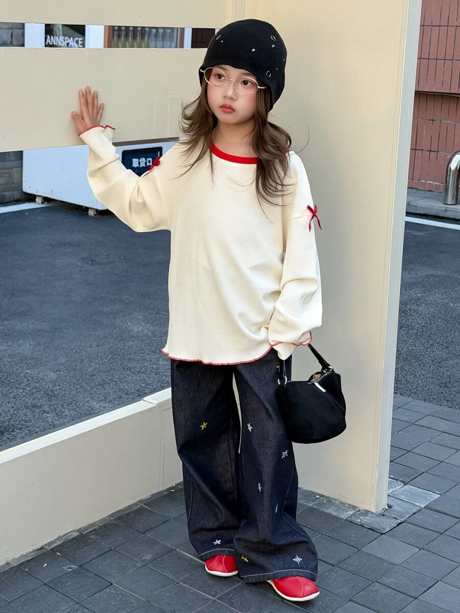 Dazy Kids Tween Girl) Colorblock Round Neck Bow Decor Long Sleeve Basic Autumn T-Shirt - Beige - View 1