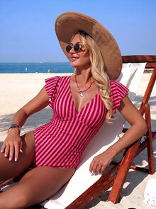 Swim Lushoire 女款荷葉袖深V領重疊領抓皺連身泳衣 - 彩色 - 查看 9