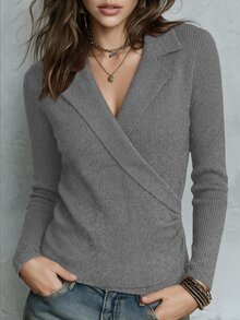 SHEIN Women's Elegant Grey Ribbed Knit Fitted Wrap Pullover Sweater With Turn-Down Collar And Long Sleeves, Suitable For Daily Commute, Holiday, Casual, Date And Gathering - Grey - View 3