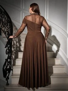 Reflora Plus Size Autumn/Winter Party Banquet Satin Shiny Rhinestone Dress - Brown - View 2