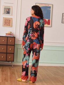Chillnights Young Fashion Leopard & Leaf Print Contrast Leopard Pattern Lapel Open Front Long Sleeve Long Pants Women's Pajama Set - Multicolor - View 4