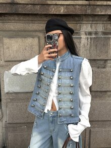 StreetHx Fashion Street Style Rivet Button Denim Jacket - Light Wash - View 5