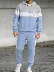 SHEIN 兒童 2 件組青少年男孩休閒極簡長袖連帽舒適運動衫套裝，適合秋冬，經典復古色塊拼接印花圖案，適合學校、開學季、家庭聚會、生日派對、拍照、度假、假期，運動風，舒適 - 彩色 - 查看 5