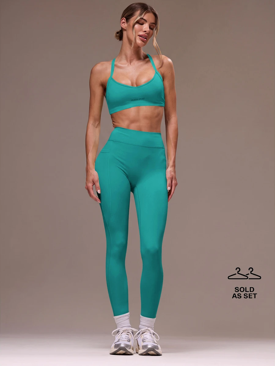 Musera Sport 女款交叉背上衣與緊身褲運動套裝 健身瑜伽皮拉提斯日常休閒 - 水鴨藍 - 查看 1