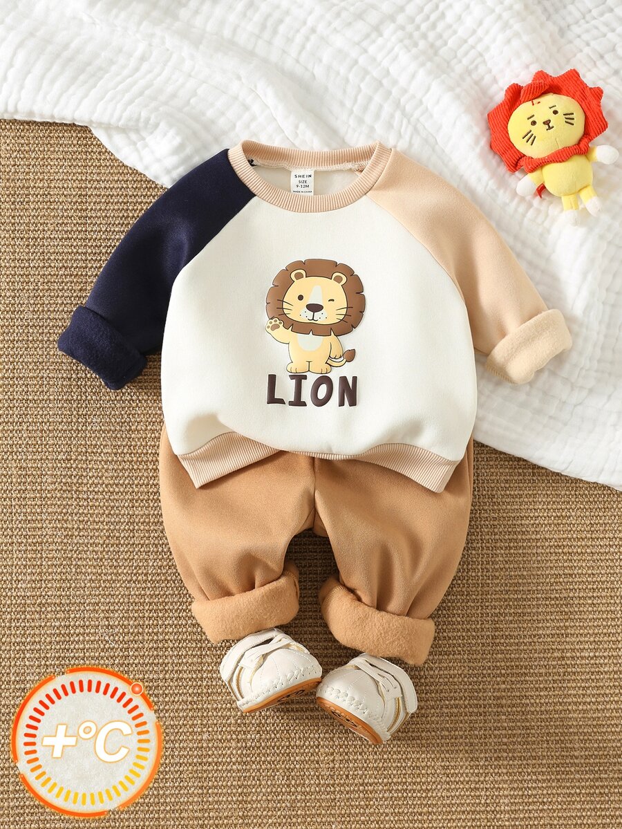 Baby Boy Cartoon Animal Pattern Knit Soft Crew Neck Long Sleeve Pullover Sweatshirt Elastic Waist Cuffed Pants 2 Pieces Set Versatile Comfortable - Multicolor - View 1