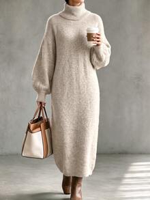 Breezaya Women's Solid Color High Neck Casual Daily Wear Knitted Dress - Grey - View 4