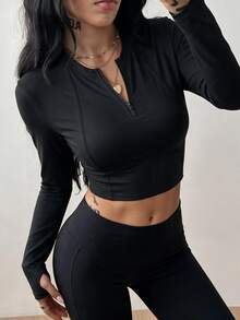 Dewbera Dewbera Women's Solid Color Half-Zip Thermal Lined Long Sleeve Sports T-Shirt - Black - View 3