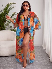 Slaydiva Plus Size Leopard Print Sheer V-Neck Summer Sexy Robe - Multicolor - View 5