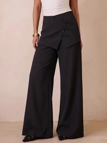 Glamine Women's Autumn Fashion New Chinese Style Frog Button One-Piece Wrap 2 In 1 Design Mid-Waist Flared Wide Leg Long Pants, Elegant Solid Color Trousers For Daily Wear And Commute - Black - View 3
