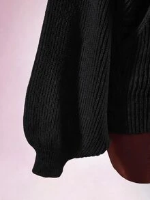 Amplova Cross-Over Wide Draped Neck Lantern Sleeve Ribbed Bodycon Waist-Cinching Sexy Slim Fit Casual Y2K Knit Dress For Women - Black - View 8