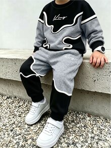 1套幼童拼色運動套裝，獨特波浪線條藝術拼接印花，圓領長袖收口設計 - 彩色 - 查看 1