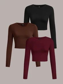 SHEIN EZwear 3件組女款純色圓領長袖休閒百搭T恤 - 彩色 - 查看 1