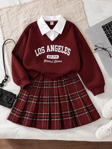SHEIN Tween女孩秋季服飾，抓絨內裡學院風衛衣與格紋百褶裙2件套套裝 - 酒紅色 - 查看 1