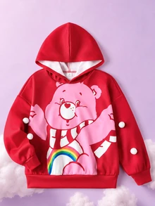 SHEIN X Care Bears 1件少女休閒百搭紅色卡通熊圖案連帽寬鬆長袖衛衣，適合日常穿著、室內、運動、拍照、假期、生日、聖誕節，秋冬適用 - 紅色 - 查看 2