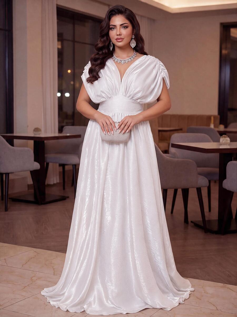 Auveirra 大尺碼優雅正式百褶腰晚宴禮服,適合晚宴、晚餐、正式婚禮、香檳色夏季婚禮 - 白色 - 查看 1