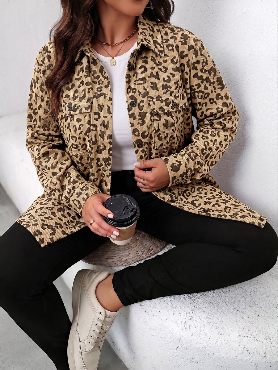 SHEIN LUNE 大尺碼女款豹紋長袖單排扣休閒街頭風膠囊衣櫥西式工裝口袋外套,秋季外出穿搭,棕色 - 彩色 - 查看 1